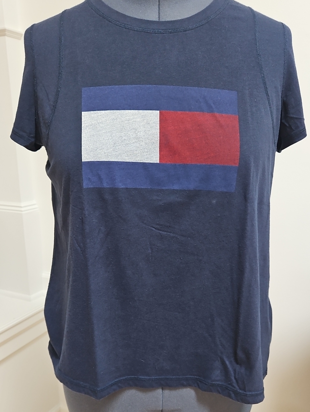 Tommy Hilfiger Navy Tee with Red and Light Gray Flag Graphic